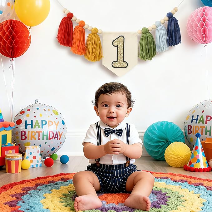 Handmade Rainbow 1st Birthday High Chair Banner Party Decoration For Girl Baby Wall Hangings Decorative Happy One Birthday Boy Photoshoot Props Photo Props