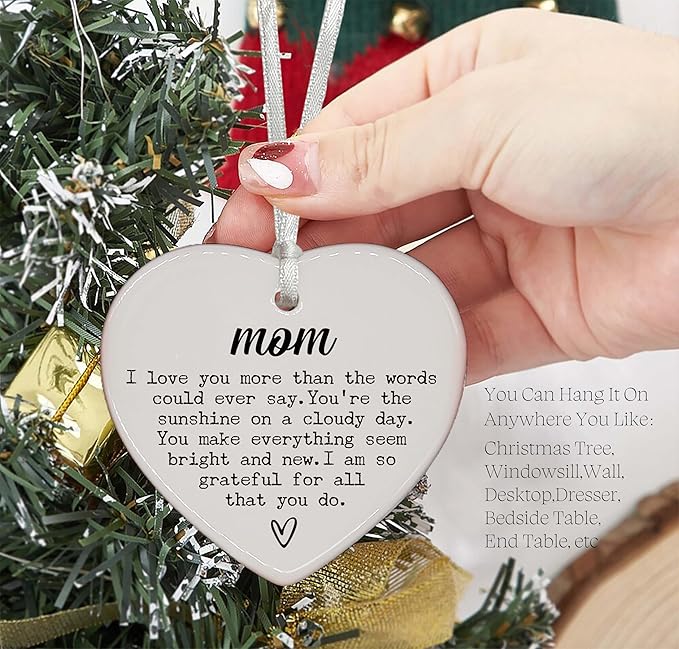 Heart Shaped Christmas Ornament-Mother’s Day Birthday Thanksgiving Wedding Gift for Mom New Mother in Law Bonus Mom Appreciation Thank You Present Ceramic Keepsake