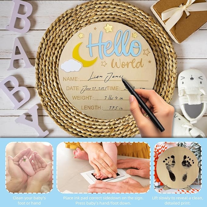 2Pcs Baby Announcement Sign Set, 5.9 Inch Hello World Newborn Sign and IT’S A Boy Welcome Signs, Baby Name Sign with Ink Pad for Hand & Footprints, 3D Wooden Birth Gifts for Hospital Shower Nursery