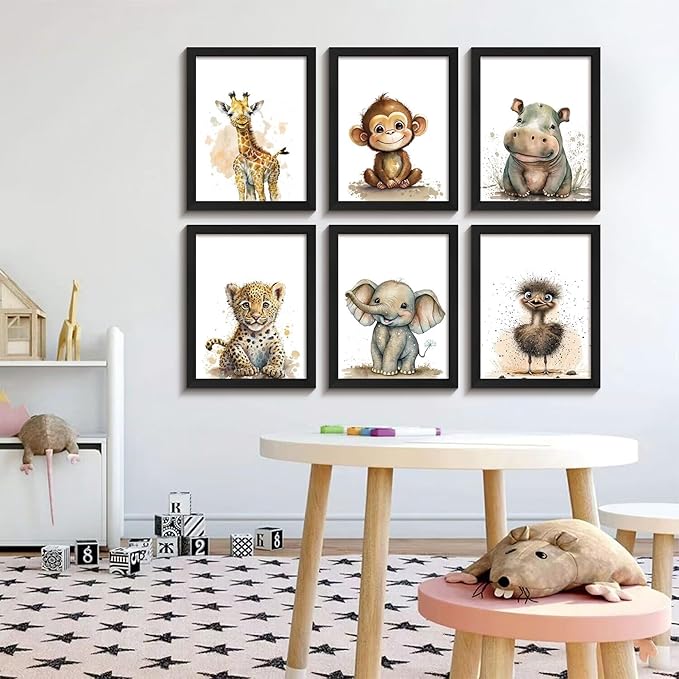 calmart Safari Animals Wall Art - Set of 6 Unframed Wall Prints - Baby Nursery Decor for Boys Girls