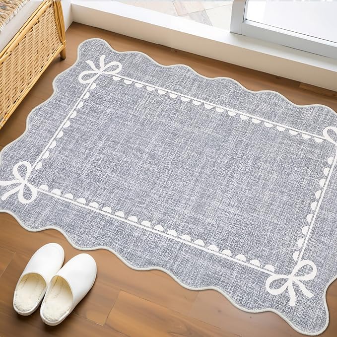 GarveeHome Scalloped Bow Rug for Kitchen Floor, Solid Grey Rug for Dorm, Washable Entryway Rugs 2x3 Soft Low Pile Non Slip Scalloped Rugs for Nursery Bedroom Decor Hallway