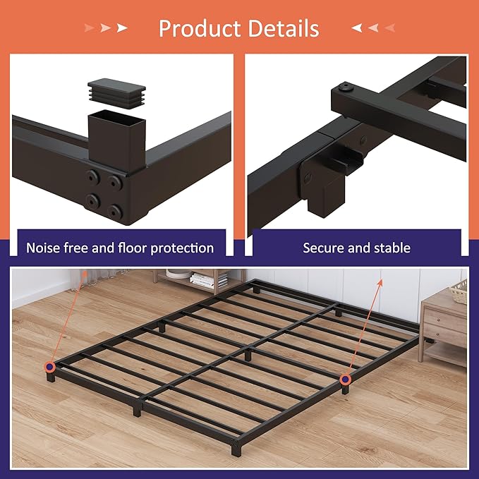 3 inch Cal King Bed Frame Low Profile, California King Bed Frames No Box Spring Needed, Heavy Duty Metal, Easy Assembly, Black