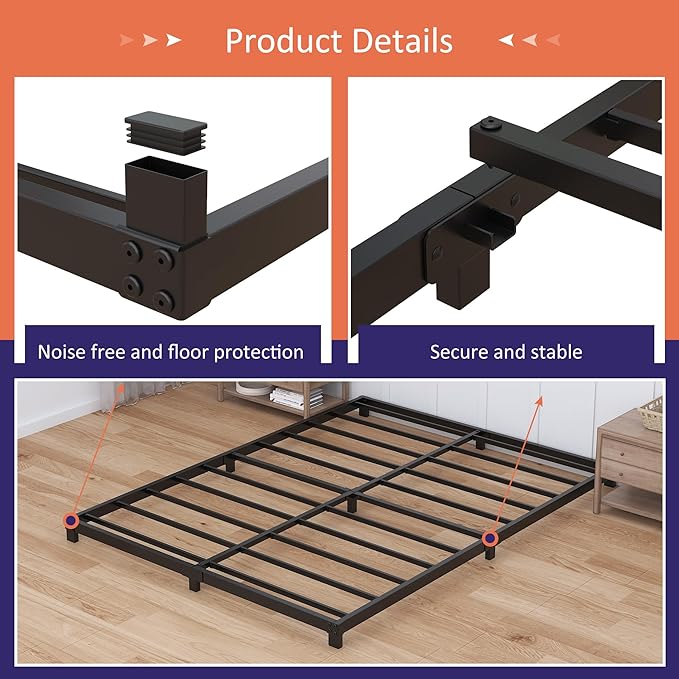 4 Inch Bed Frame King Size Low Profile, King Bed Frame No Box Spring Needed, Heavy Duty Metal, Easy Assembly, Black