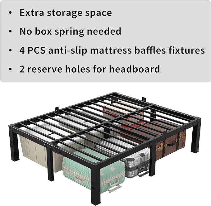 MAF 14 Inch California King Bed Frame No Box Spring Needed Heavy Duty Platform Cal King Bed Frame with Steel Slat Support 3000 LBS Noise Free Black Bed Frame Cali King