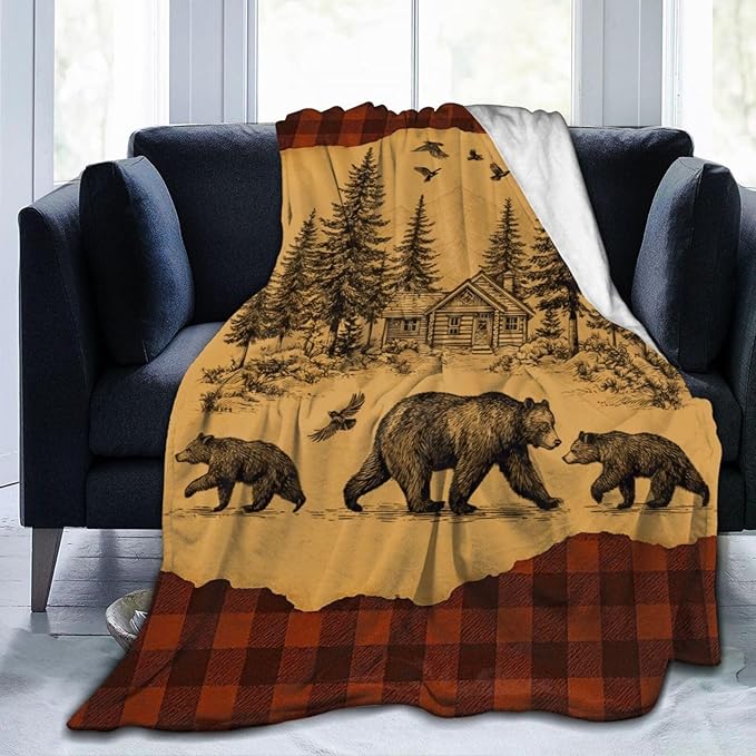 Bear Blanket Rustic Cabin Country Bear Hunting Throw Blanket Soft Cozy Fleece Fuzzy Plush Warm Stuff Bedding Wild Animal Blankets Gifts for Boys Girls Kids Adult Men Women 50"X60"