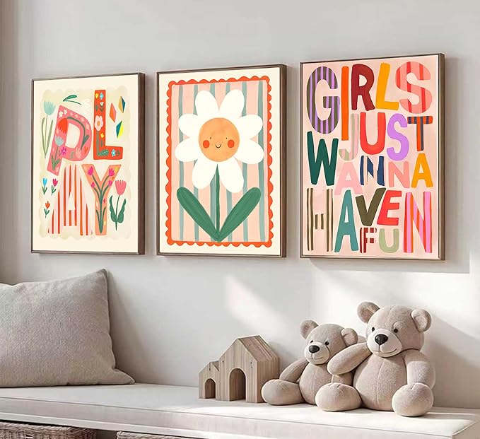 Boho Floral Sun Nursery Wall Art Girls Just Wanna Have Fun Positivity Affirmation Rainbow Print Playroom Classroom Counseling Office wall decor Play Poster for Kids Bedroom, 12x16 Inch, Set of 3