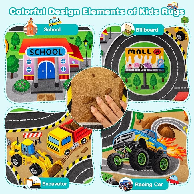 Kids Rug, 5x7 FT Non-Slip Monster Truck Play Rug, Extra Thick (0.4in), Educational LearningTraffic Road Car Carpet for Nursery, Classroom, Playroom & Bedroom