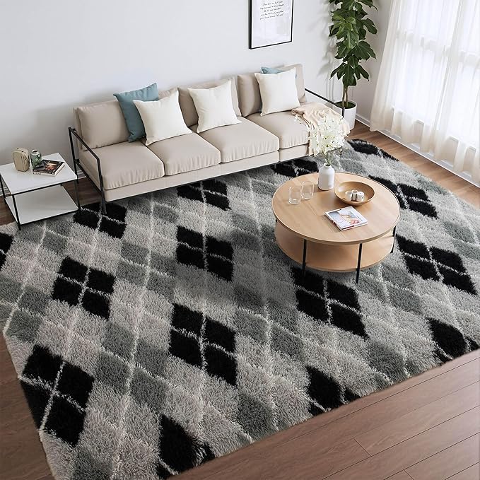 Meralax Black and Grey Checkered Area Rug, Geometric 5x8 Soft Fluffy Rugs for Living Room Bedroom, Machine Washable Shaggy Rugs Indoor Floor Carpet for Kids, Girls, Dorms, Home Decor Aesthetic