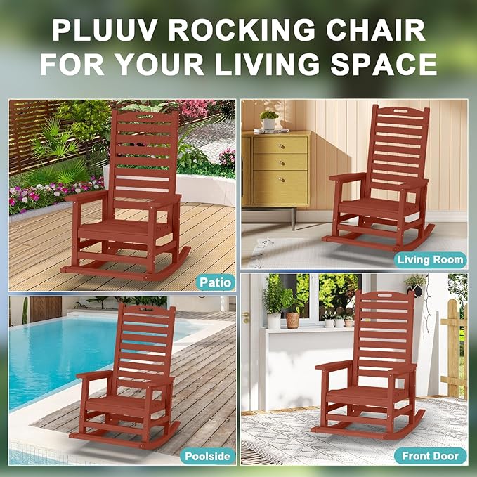 Outdoor Rocking Chair Set of 2 with Removable Footboard for Adults, HDPE High Back Patio Rocking Chairs, 330lbs All Weather Porch Rocking Chairs for Outdoor & Indoor -Reddish Brown