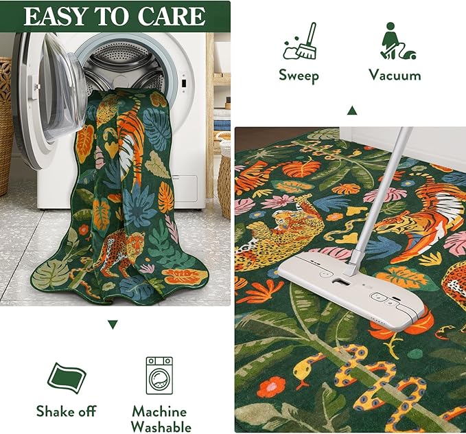 LEEVAN 3x5 Bedroom Rug Washable Tiger Kitchen Rugs Non Slip Green Entryway Mat Scalloped Bathroom Floor Pad Leopard Living Room Rug Low Pile Playroom Carpet Jungle Kids Mat
