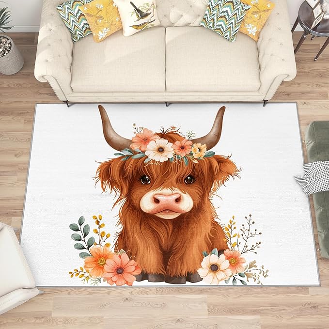 Highland Cow Rug for Nursery - 5x6 Rug - Highland Cow Rug - Cute Cartoon Farm Animal Area Rug - Floral Cattle Farmhouse Animal Rugs - Kids Baby Nursery Carpet - Home Decor