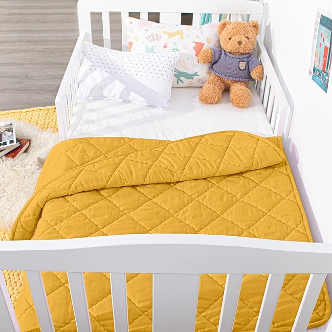 Down Alternative Oversized Toddler Comforter 43x60, Lightweight Warm Solid Color Baby Crib Quilted Blanket for Boys Girls, Yellow