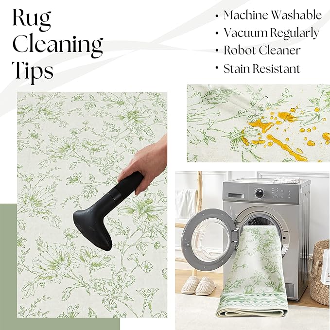 Sage Green Floral 5x7 Area Rug Vintage Boho Washable Printed Rug for Living Room Non-Slip Soft Bedroom Cottagecore Farmhouse Carpet for Dining Room Nursery Light Green and Cream Beige Sketch Style