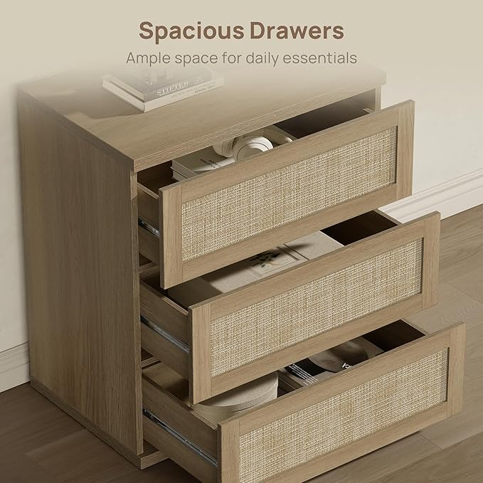 SICOTAS Dresser for Bedroom - Rattan Dresser with 3 Drawers Nursery Dressers & Chests of Drawers Boho Dressers for Bedroom Living Room Small Deep Clothes Closet Storage for Closet Hallway Entryway