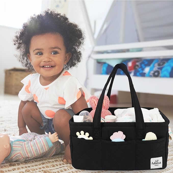 Adonia & Co Diaper Caddy Organizer – Large Nursery Storage Basket for Newborn Essentials – Portable & Machine Washable (Black)
