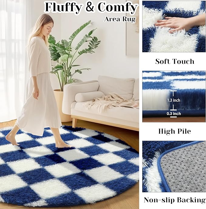 KICMOR Round Rugs 5ft Blue and Cream White Circle Area Rug, Fluffy Soft Fuzzy Shag Shaggy Bedroom Living Room Carpet, Indoor Checkered Circular Rug for Kids Boys Girls Home Decor Aesthetic, Nursery