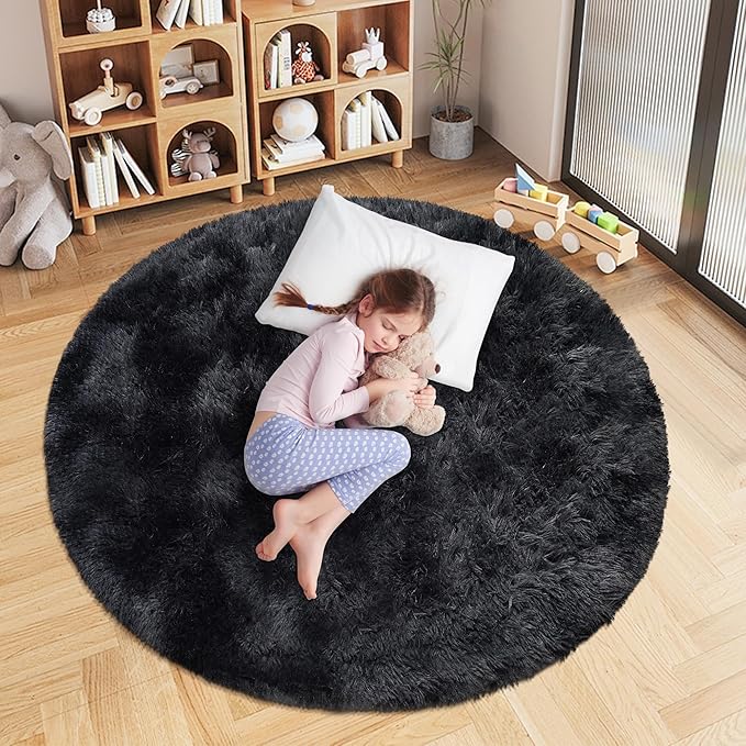 4 ft Round Fluffy Black Rug for Bedroom,Tie Dyed Furry Round Carpet Non Slip Fuzzy Shaggy Plush Circle Area Rug for Living Room Teen's Room Nursery Room Playroom Kids Room Home Decor Washable