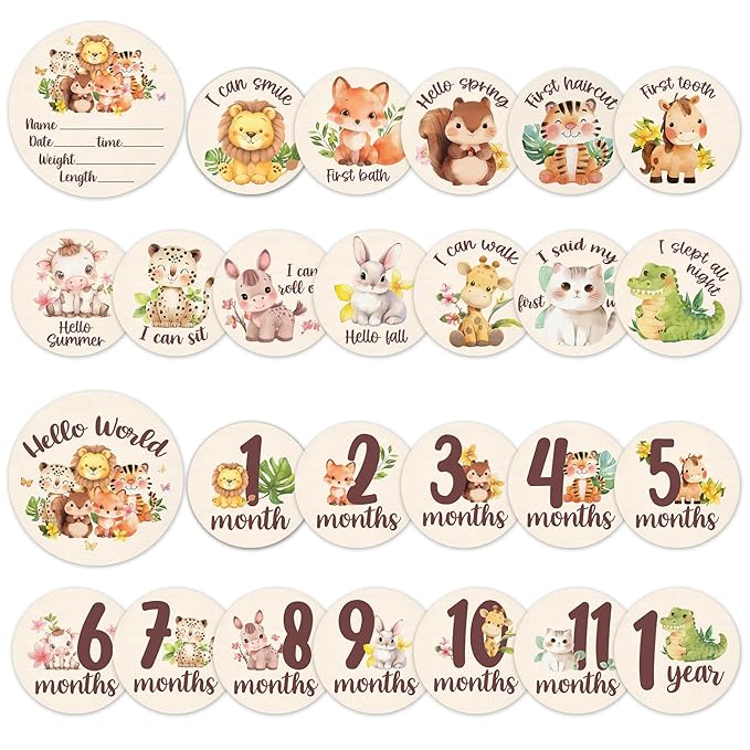 Baby Monthly Milestone Cards Sign - 13 Double Sided Little Animals Milestone Cards, Fox Pattern Wooden Circles Discs for Photo Props Cat Newborn Announcement Marker, Baby Shower Newborn Sign Gift Set