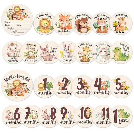 Baby Monthly Milestone Cards Sign - 13 Double Sided Little Animals Milestone Cards, Fox Pattern Wooden Circles Discs for Photo Props Cat Newborn Announcement Marker, Baby Shower Newborn Sign Gift Set