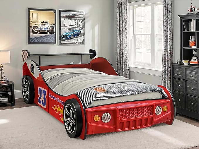 Race Car Twin Bed Frames for Kids, Wood Car-Shaped Bed Frame with LED Lights & Slat Support for Toddler, Boys or Girls (Race Car-Red)