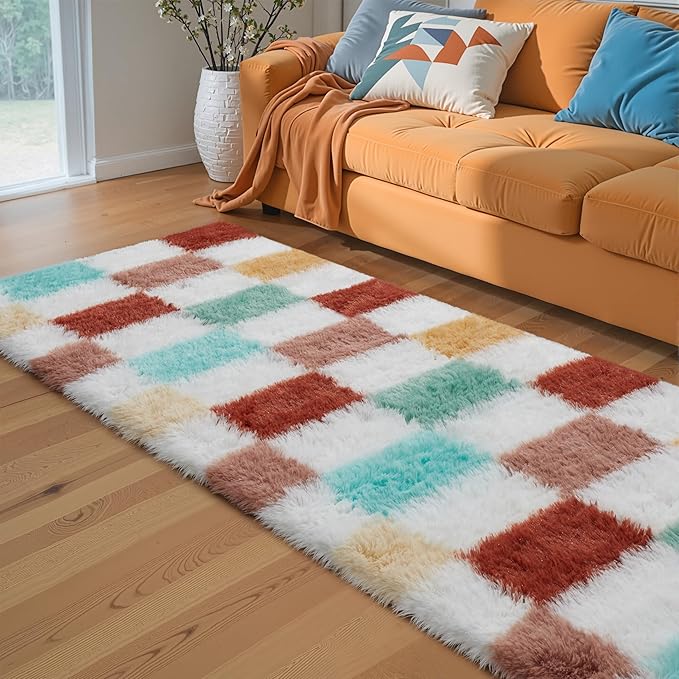 Checkered Area Rug 2x6 for Bedroom, Colorful Modern Shag Rug Super Soft Runner Carpet Washable Fluffy Rugs for Living Room Bedside Sofa Home Dorm Decor Aesthetic