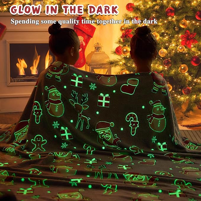 inhand Christmas Blanket,Glow in The Dark Blanket for Kids/Girls/Boys/Toddler Soft Flannel Red Santa Claus Gingerbread Candy Canes Christmas Throw Blankets for Age 3 4 5 6 7 8 9 10 11 12 13 Year Old