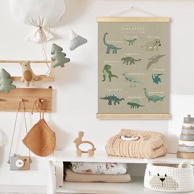 BCUANGD Dinosaur Dino Wall Decor - Beige Baby Toddler Boys Room Wall Art Poster Hanger with Wood Frames, Inspirational Wall Hanging Canvas Decor for Kids Room Nursery Bedroom, 12x16 Inches