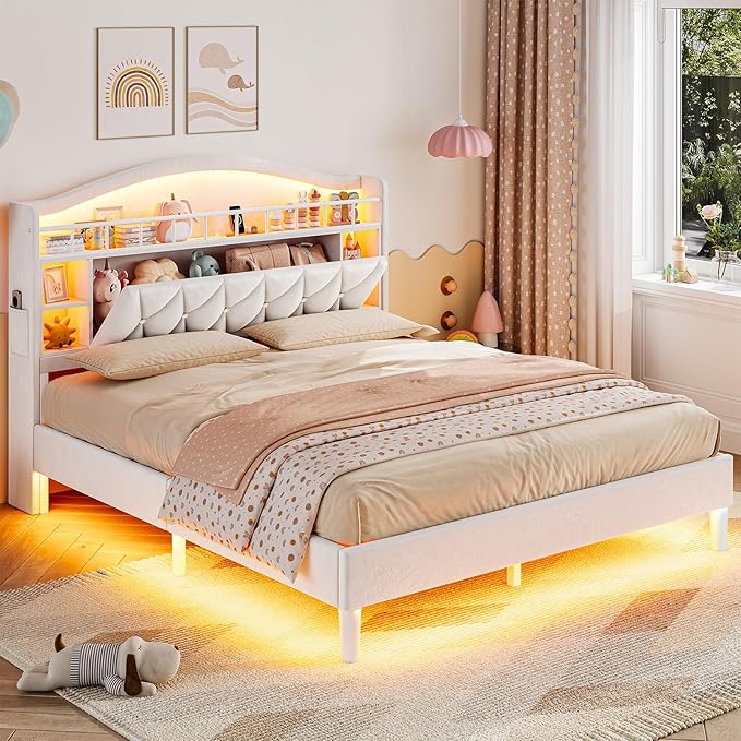 ADORNEVE Queen Bed Frame with LED Lights, Princess Velvet Upholstered Platform Bed for Girls, Headboard with Charging Station & Guardrail & Crystal Button, No Box Spring Needed, Beige