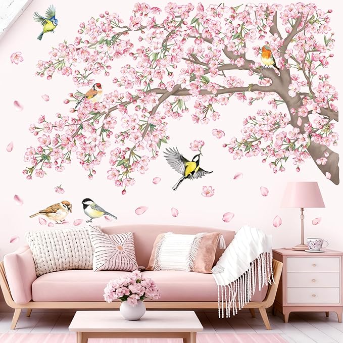 decalmile Large Cherry Blossom Tree Branch Wall Stickers Pink Floral Birds Wall Decals Baby Nursery Bedroom Living Room Home Decor