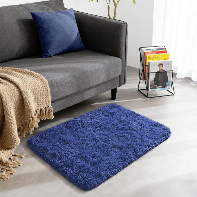 Merelax Modern Soft Fluffy Small Shaggy Rug for Bedroom Livingroom Dorm Kids Room Indoor Home Decorative, Non-Slip Plush Furry Fur Area Rugs Comfy Nursery Accent Floor Carpet 2 X 3 Feet, Light Navy