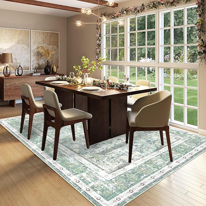 Vhong Boho Area Rugs Vintage Washable Modern Neutral Large Carpet Sage Green 6×9 High Traffic Rugs for Dinning Room Living Room Bedroom Farmhouse Non Slip