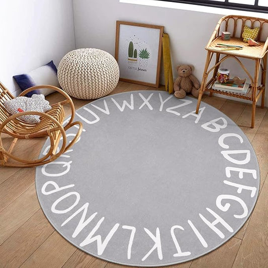 LIVEBOX ABC Kids Round Play Room Rug for Classroom, Large Washable Rug for Nursery, Non-Slip Toddler Rug for Boys and Girls, Soft Circle Carpet Learning Crawling Mat for Playroom Dorm(71",Grey)