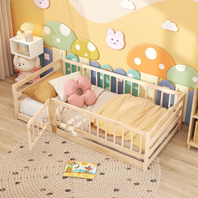 Giantex Twin Floor Bed with High Fence & Door, Montessori Floor Bed with 21.5" Safety Guardrails, Solid Wood Twin Beds Frame for Kids Girls, Boys, Without Slats, Natural