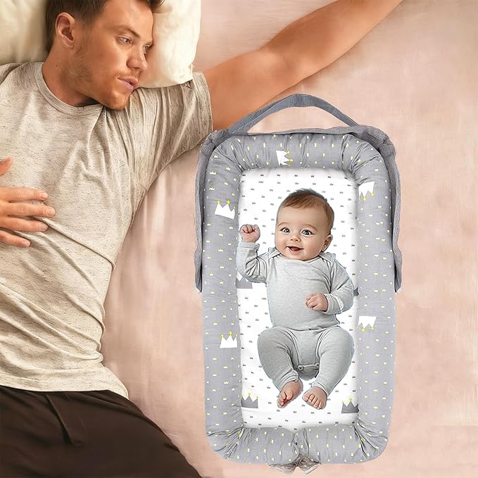 Baby Lounger for Newborn Portable Bag,Baby Lounger Play Mat for Awake-Time,Newborn Babies Essentials Gifts 0-24 Months Home Travel(Crown Grey)