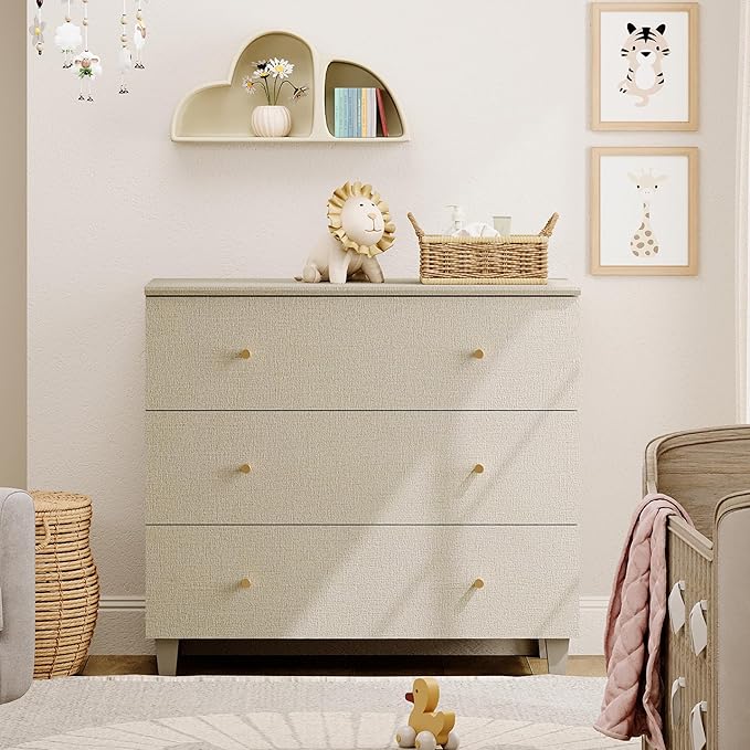 WAMPAT 3-Drawer Kids Dresser for Bedroom, Modern Small Chest of Drawers with Gold Knobs, 35 Inch Wide Linen Printed Finish Wood Children Dresser for Baby Room, Nursery, Living Room, Dark Beige