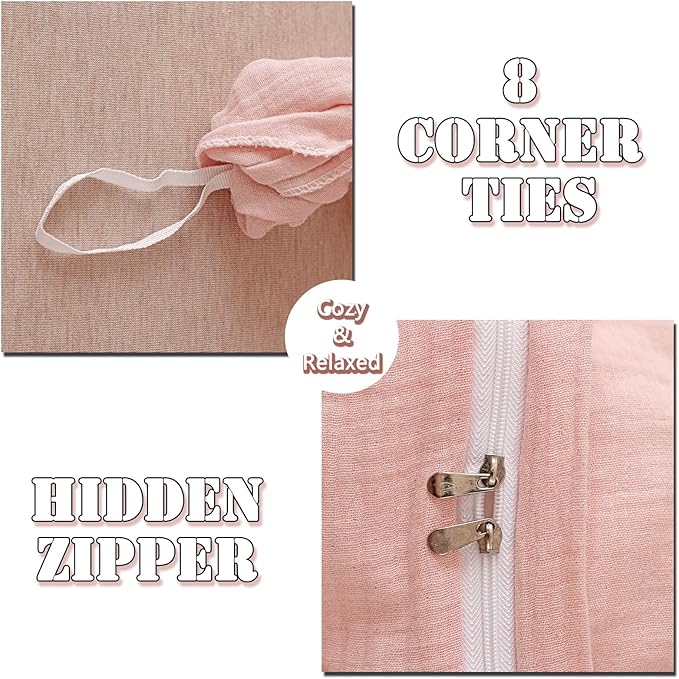MorroMorn Muslin Duvet Cover Twin Size, 100% Breathable Cotton 2-Layer Gauze Comforter Cover Set 3 Pieces with 2 Pillowcases Zipper Closure & Corner Ties, Ultra Soft Linen Like, 68"x90", Pink
