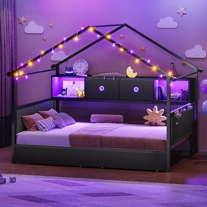 Hasuit Corner Twin House Bed Frame with Storage Drawers & Bookcase, House Shaped Metal Beds with Charging Station & LED Light, Corner Bed with Upholstered Headboard, Twin Size Bed for Kid Teens, Black