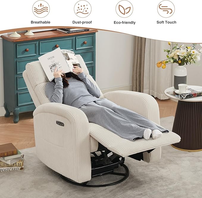 Power Glider Recliner Nursery Rocking Chairs with USB, Electric Swivel Rocker Recliner Glider Chair for Living Room, Upholstered Recliner Chairs for Nursery, Bedroom, Corduroy White