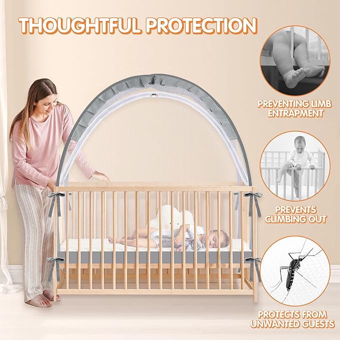 Crib Tent to Keep Baby from Climbing Out - Crib Net to Keep Baby in - Pop Up Breathable Cribs Cover - Canopy with Upgrade Strong Mesh and Durable Zipper (Grey, Lager)
