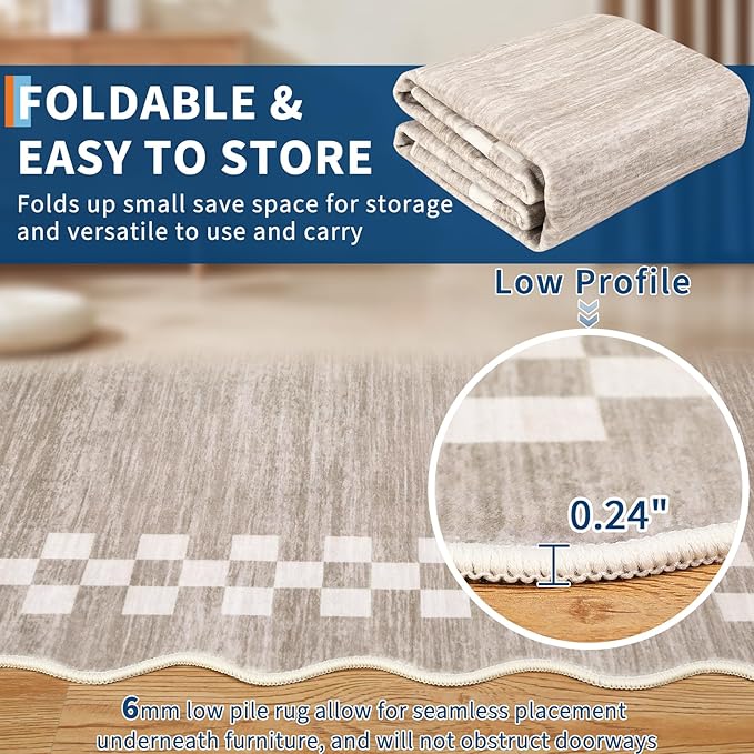 GarveeHome Washable Rug 5x7 for Living Room Large Bedroom Scalloped Rug Non Slip Stain Resistant Modern Border Throw Carpet Soft Boho Rug for Dining Room Nursery Home Office, Fog