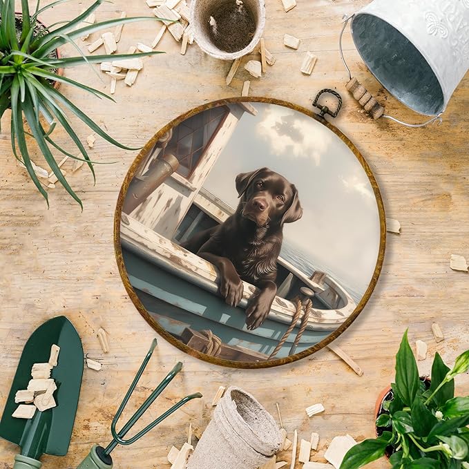 Hiuwevt Nautical Labrador Retriever Round Wall Art Decor, Chocolate Lab Gift Framed Canvas Prints, Coastal Nautical Lab Dog Round Wall Hanging Decor for Home Bedroom Room Decorations, 10x10 Inches