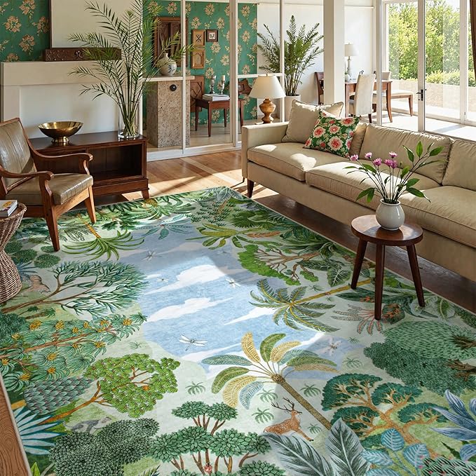 Lahome Summer Jungle Washable Rugs 9x12 Large Living Room Rug Green Forest Bedroom Carpet, Soft Dining Room Carpet for Under Table Non Slip Non Shedding Floor Mat for Classroom Office Room Decor