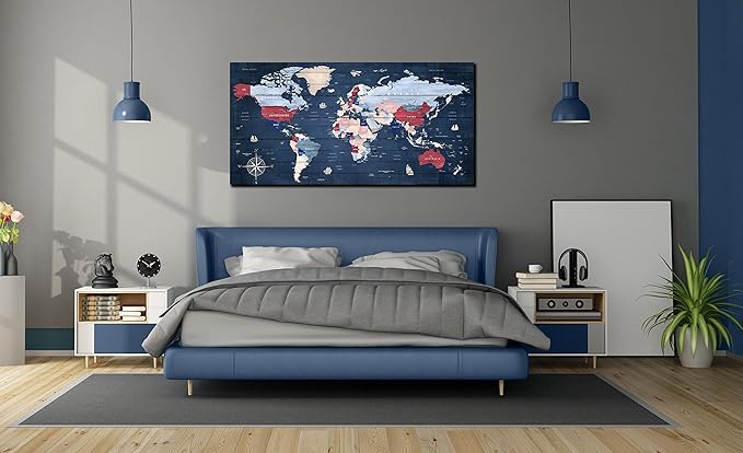 ZHAOSHOP World Maps for Wall - Blue Wall Decor for Living Room - World Map Canvas Wall Art Ready to Hang Size 59" x 29"