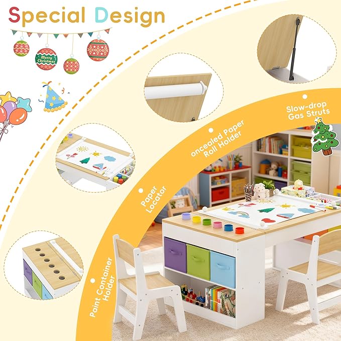 Kids Art Table and 2 Chairs Set, Wooden Craft Desk with 2 Storage Shelves, 6 Storage Bins & Paper Roll for Drawing, Learning and Reading, Toddler Activity Play Desk for Home, 47 L x23 W
