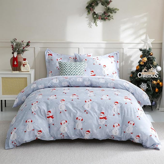 JSD Snowman Kids Duvet Cover Set Full Size, 3 Piece Blue Printed Christmas Microfiber Comforter Cover with Pillow Shams Zipper Closure, Comforter Not Included