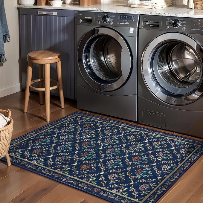 Tangsoo 2x3 Small Washable Entry Rug,Non Slip Moroccan Trellis Blue Floral Throw Area Rugs for Entryway,Front Door Mats Indoor Entrance Carpet for Kitchen Office Laundry, Soft Kids & Pets Friendly