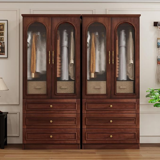 Solid Wood Wardrobe Closet:TemkTuek 70.87" Large Armoire,Clothing Storage Cabinet with Drawers,Mirror,Doors,Hanging Railsand Shelves,Vintage Freestanding,Bedroom,Cherry Finish(21-21)