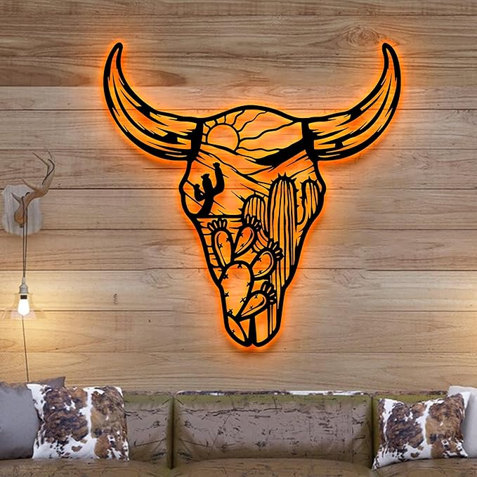 Skull Desert Metal Wall Art LED Light Floral Boho Buffalo Longhorn Sign Home Decor Heifer Barn Nursery Decorat Wall Hanging Home Decor Birthday Xmas Gift