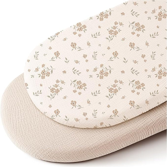 Konssy Muslin Bassinet Sheets for Baby Girl Boy, 2 Pack Soft Breathable Baby Bassinet Mattress Sheets Fit for Hourglass Oval Cradle, Moses Basket Rectangle Mattress (Blossom,Cream)