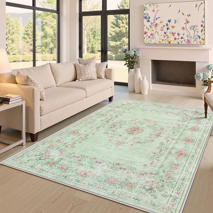 Wonnitar Floral Bow Print Washable Rugs 5x7, Sage Green Rug for Living Room, Ultra-Thin Non Slip Soft Boho Carpet for Dining Room Bedroom Kid Room Playroom, Light Green